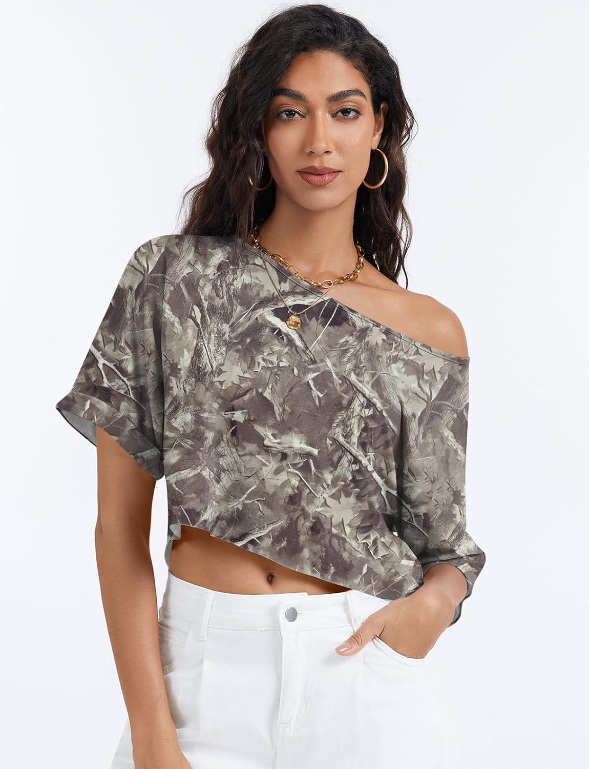 Kistore Off The Shoulder Tops for Women Going Out Short Sleeve Crop Top Boat Neck Loose T Shirt - Image 5
