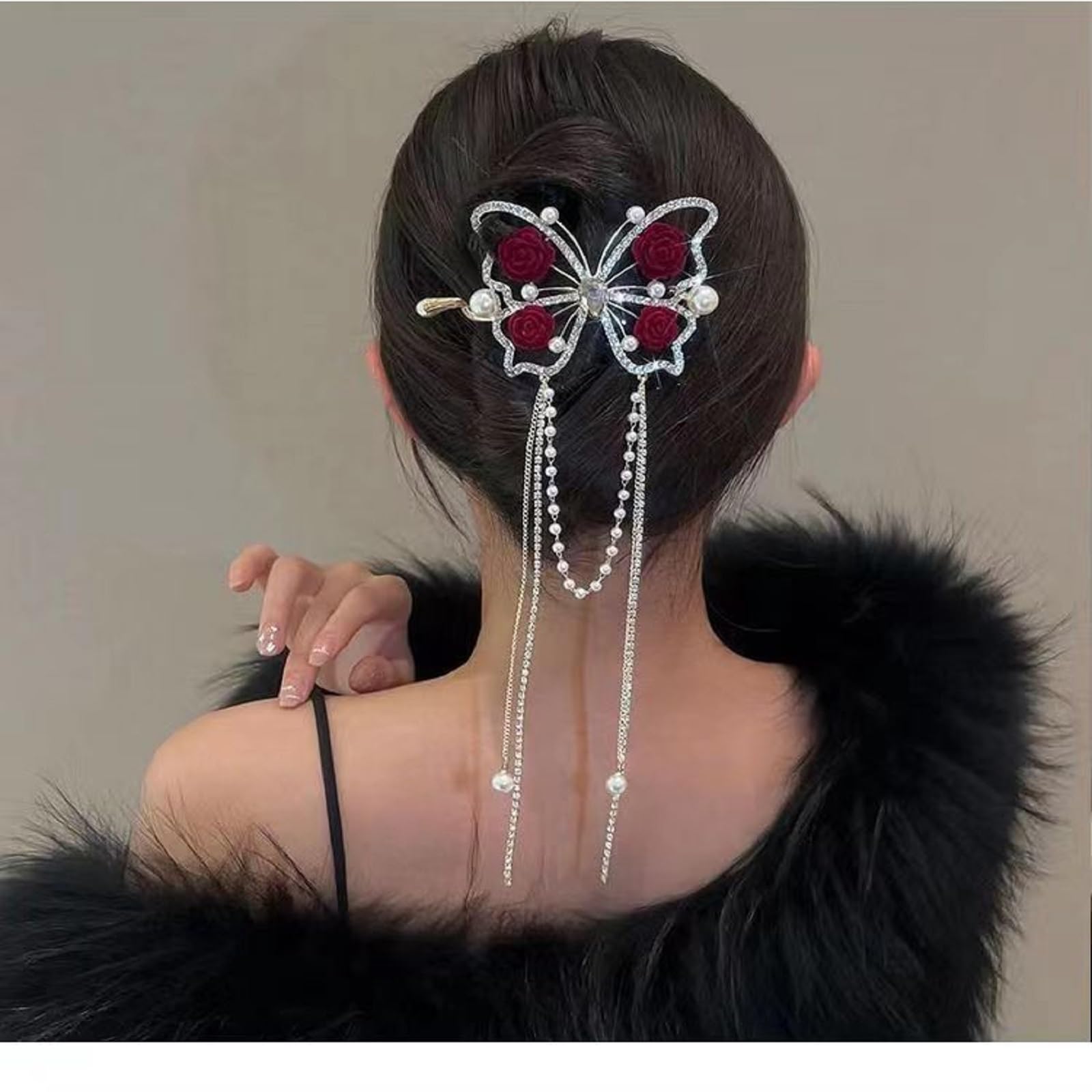 Rhinestone Rose Tassel Hair Clips, Butterfly Hair Bun Accessories Hair Clip, Glitter Claw Hairpin for Holder Hair Accessories for Women