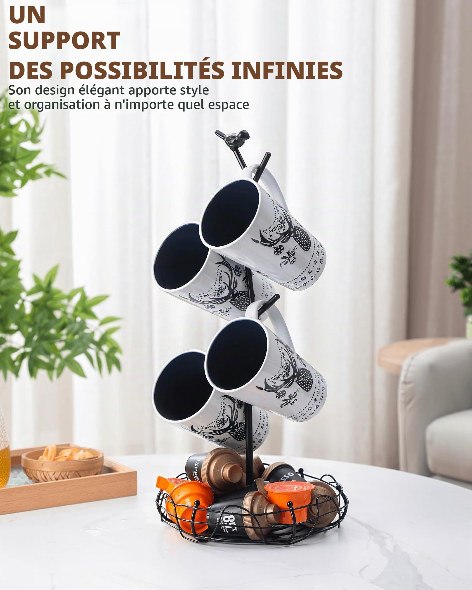 Porte-tasses décoratif pour comptoir | Arbre à tasses à café avec panier de rangement nid d'oiseau | Peut contenir 4 grandes tasses | Décoration de cuisine fantaisiste, accessoires de bar à café et