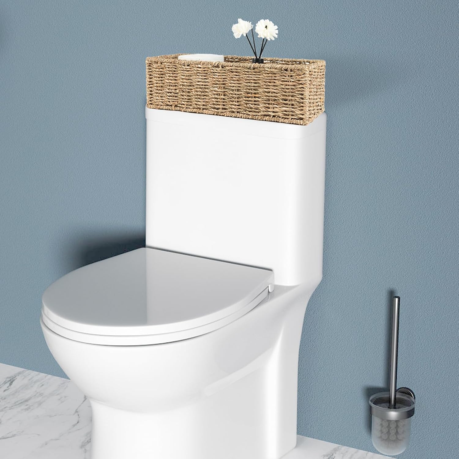 Small Wicker Baskets 2 Pack, Hand Woven Toilet Basket Tank Topper, Toilet Tank Basket for Bathroom Organizing, Seagrass Storage Baskets for Toilet Paper (14.4"Lx6.1"Wx4.4"H)