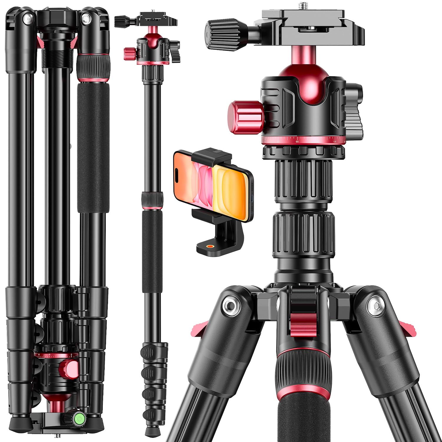 CAMBOFOTO 80“ DSLR-Camera-Tripod, Photography 360 Ball Head Professional Aluminum Tripod & Monopod with Carry Bag Compatible with Canon Nikon Binoculars Laser Telescope (Weight 3.35 Lbs, 15Lbs Load)