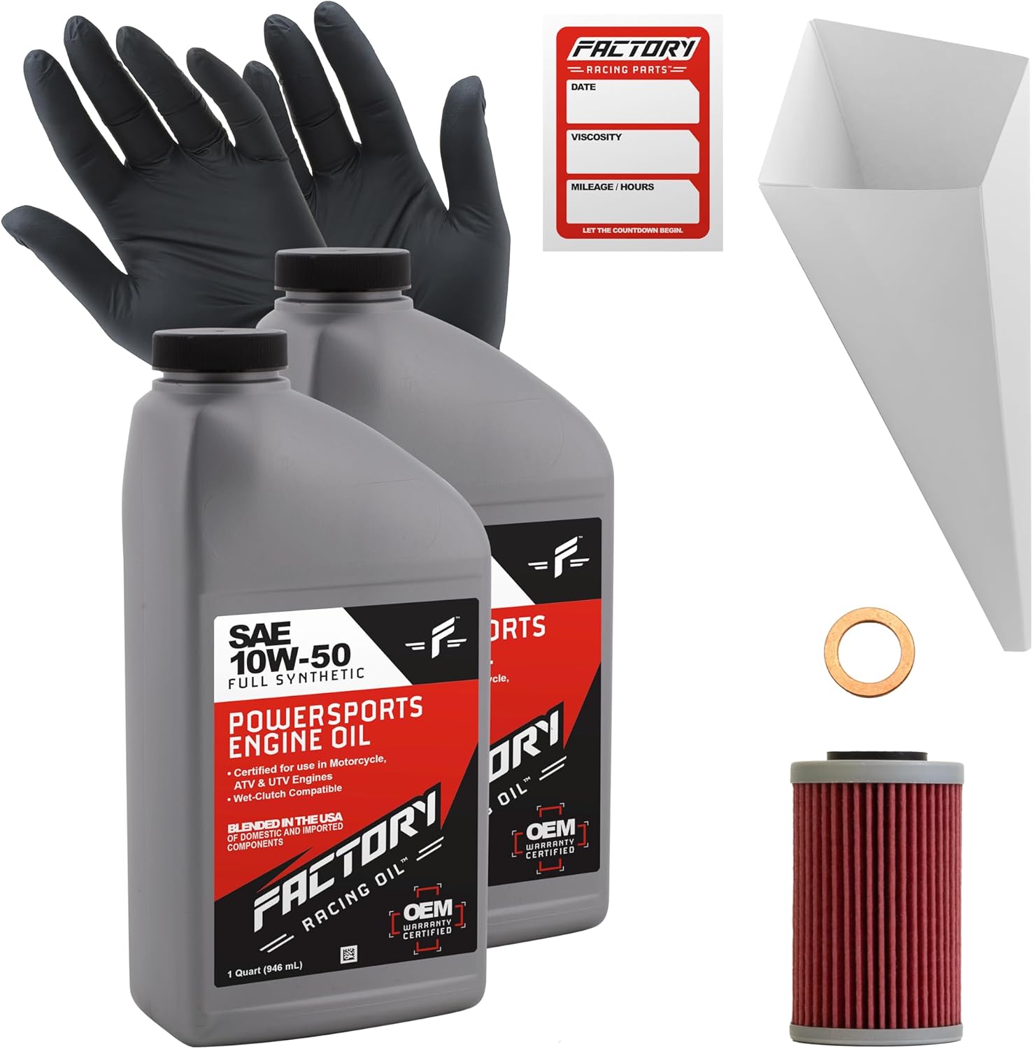 Factory Racing Parts 10W50 Oil Change Kit compatible with KTM 400 450 520 525 EXC/MXC/SX, 400 525 XC-W, 690 Duke/Enduro - 2 Quarts