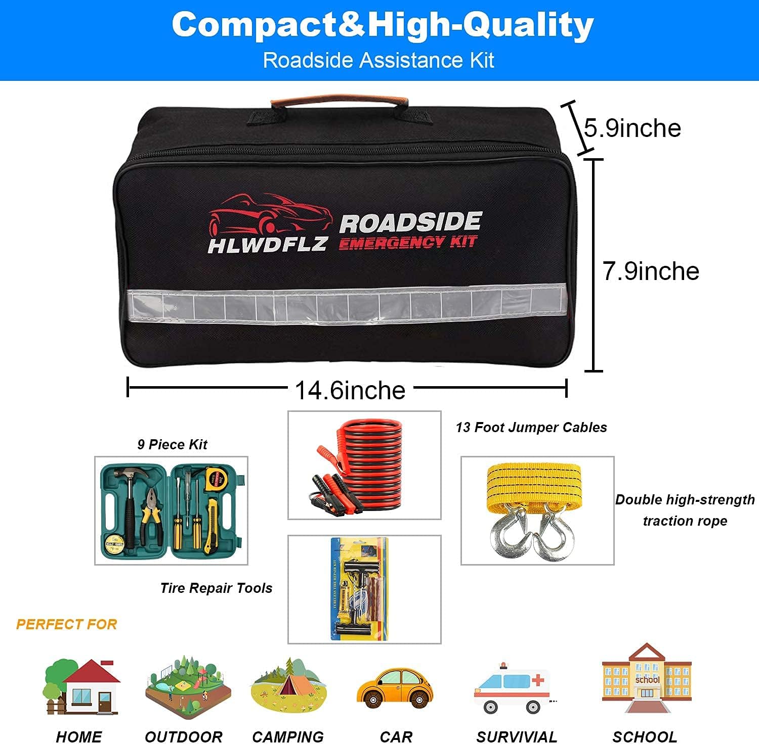 HLWDFLZ Car Roadside Emergency Kit,with13FT Jumper Cables,Winter Traveler Safety Emergency Kit with Blanket Shovel Triangle First Aid Kit for SUV RV : Automotive