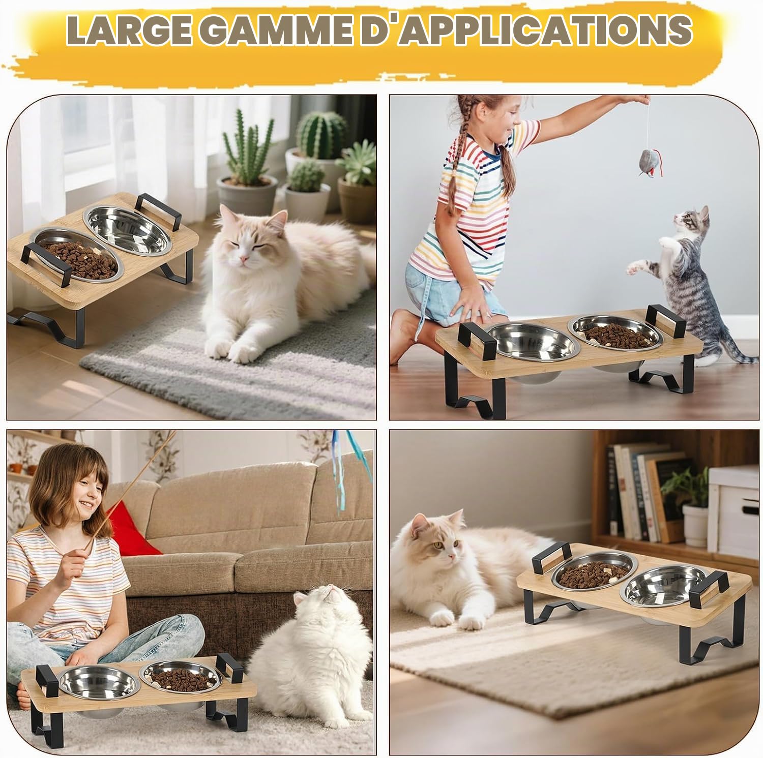 Gamelle Chat Surélevée, Rehausseur Gamelle Chat, Gamelles Surélevées Inclinées à 15° avec 2 Gamelles en Acier Inoxydable pour Chats et Petits Chiens.
