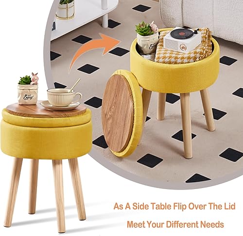 Miniatura 17 de Mxfurhawa Taburete otomano de almacenamiento redondo de lino con patas de madera, reposapiés tapizado multifuncional, para sala de estar, baño,