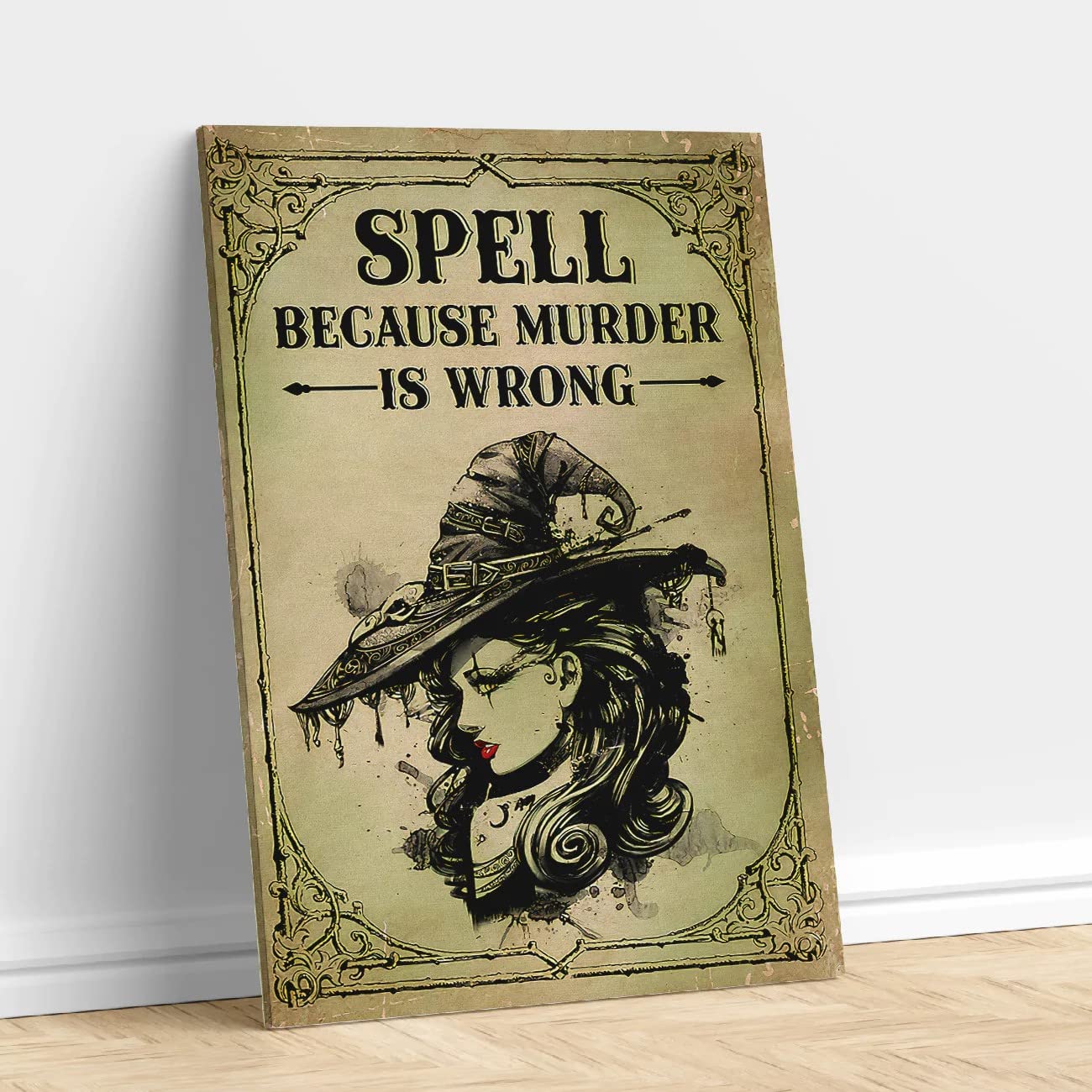 Hippie Witch Girl Spell Because Murder is The Wrong Canvas Vintage Tin Sign Hippie Wall Decor Art Room Home Office Bedroom Living Metal Fun Decor Housewarming Gift 12x8inch