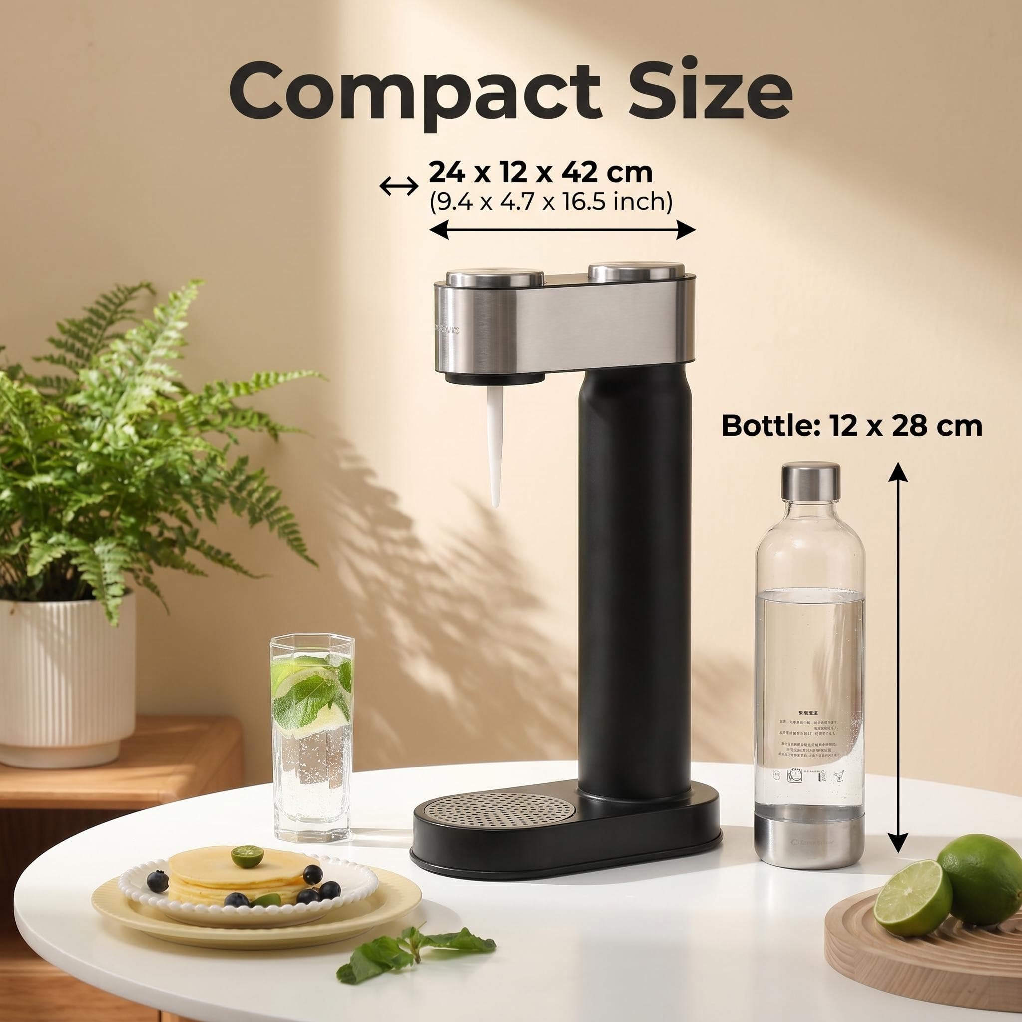 Máquina de agua con gas de 1 litro, máquina de soda de carbonatación de un solo toque con botella de PET a prueba de fugas y cilindro de CO2 para la cocina del hogar (un juego)