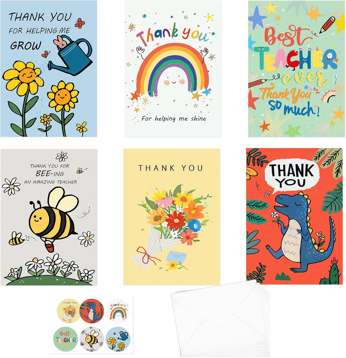 AhfuLife 6 Pcs Teacher Thank You Cards Multipack, 6 Styles Cute Appreciation Cards Graduation Gift, Including 6 Stickers and 6 Envelops for Teachers' Day, Teacher of the Year Gifts