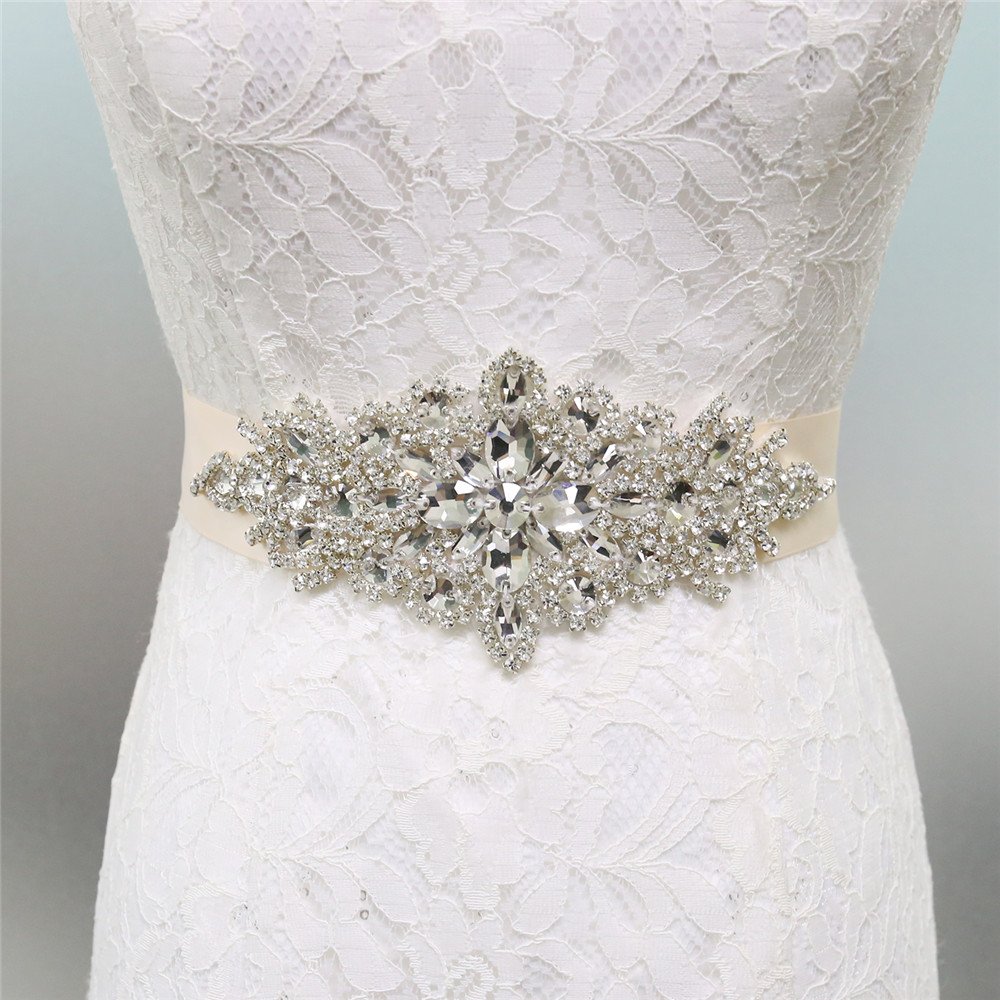 Zdada Wedding Dress Sash Belt Champagne Ribbon Wedding Belt Bridal Crystal Rhinestone Applique (8 color Ribbon options)