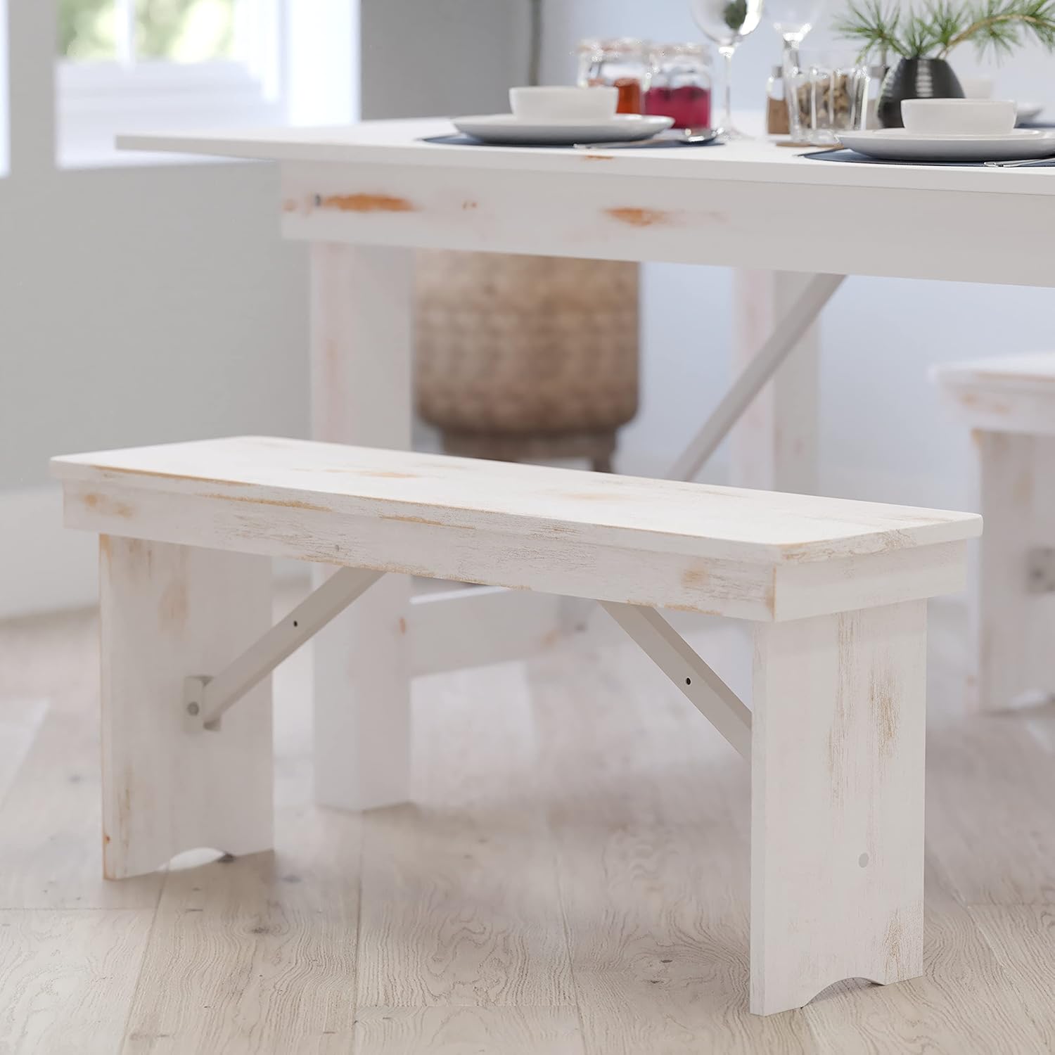 Merrick Lane Tinsley 40" x 12" White Solid Pine Folding Farmhouse Style Bench