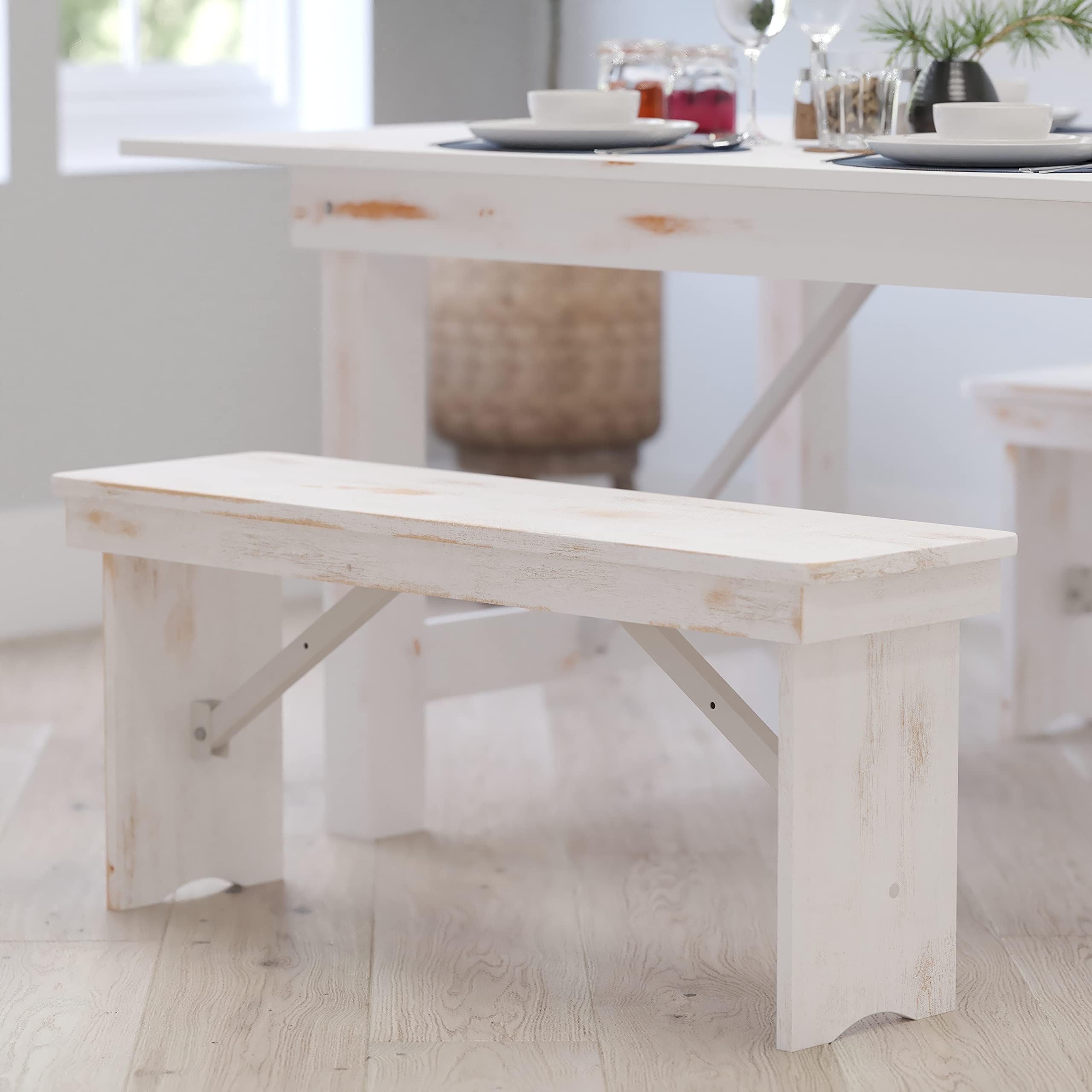 Tinsley 40" x 12" White Solid Pine Folding Farmhouse Style Bench