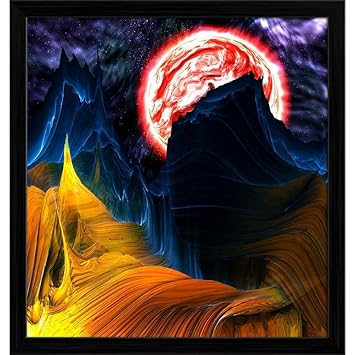 Pitaara Box Alien Mountains with Space & A Red Planet Canvas Painting Black Frame 14 X 14.8Inch