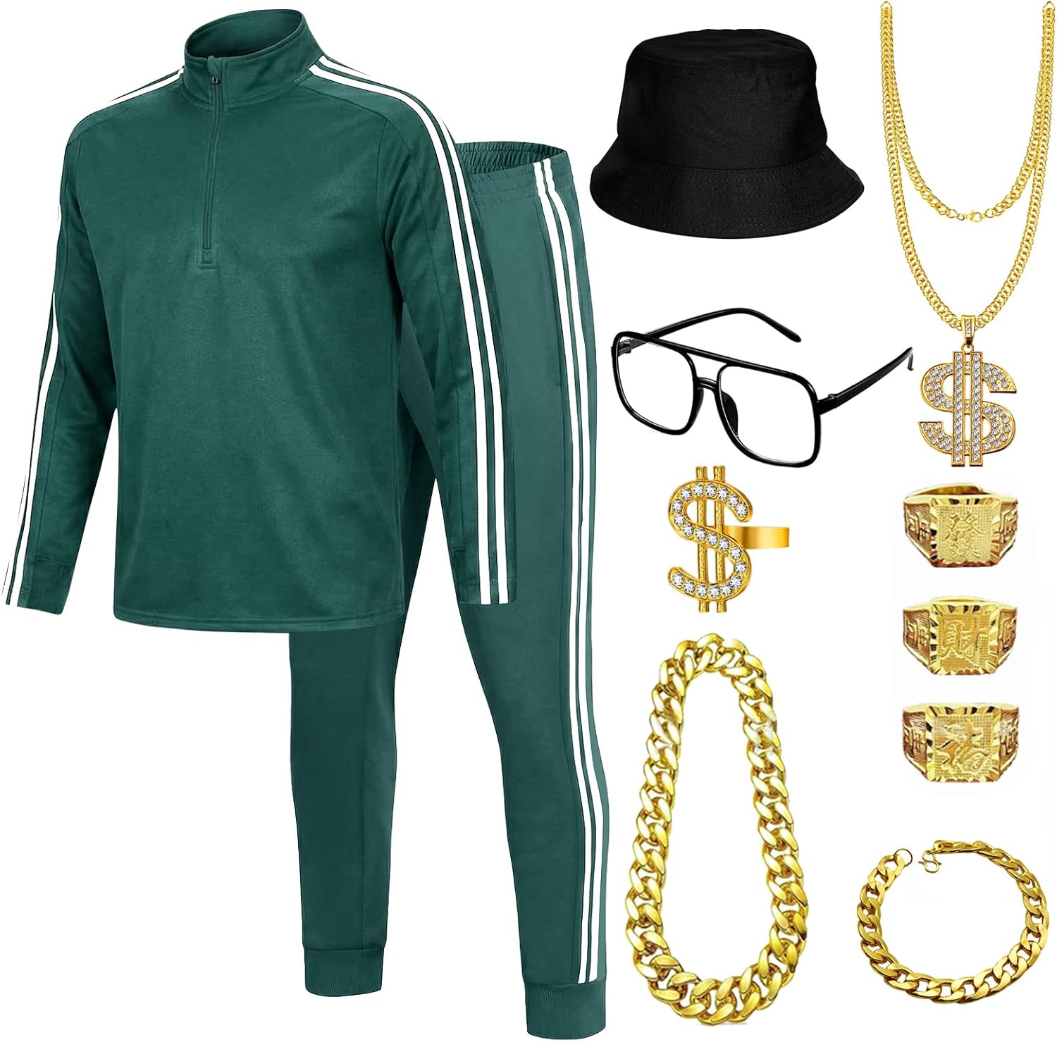 11PCS 80s 90s Outfit for Men Halloween Tracksuit Set Hat 3 Ring Dollar Ring Necklace Dollar Necklace Bracelet Glasses