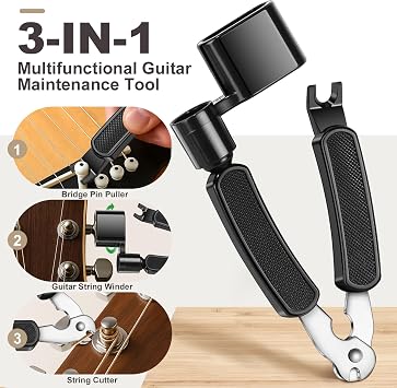 3-in-1 Guitar String Winder & Cutter for Acoustic Electric Guitar | Built-in Bridge Pin Puller, Stainless Steel Blades, Non-Slip Grip, Bass Ukulele Banjos, 60s Fast Restring for Acoustic Guitar