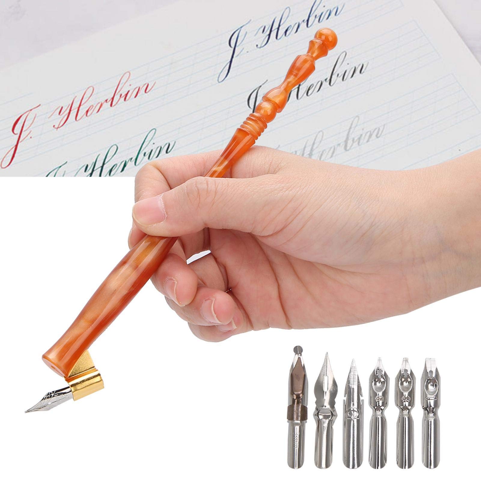 Dip Pen, Innovative Beautiful Pens with 6Pcs Nibs Writing Tool Gift Giving for English Calligraphy Practicing (Brown)