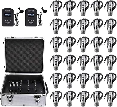 Retekess TT106 Tour Guide Headset, Tour Guide Audio System 2TX 30RX | for Factory, Tour, School, 2.4G, Dual Transmitter Operation, Wireless Ear Hook, 32-Slot Charging Case,18g RX