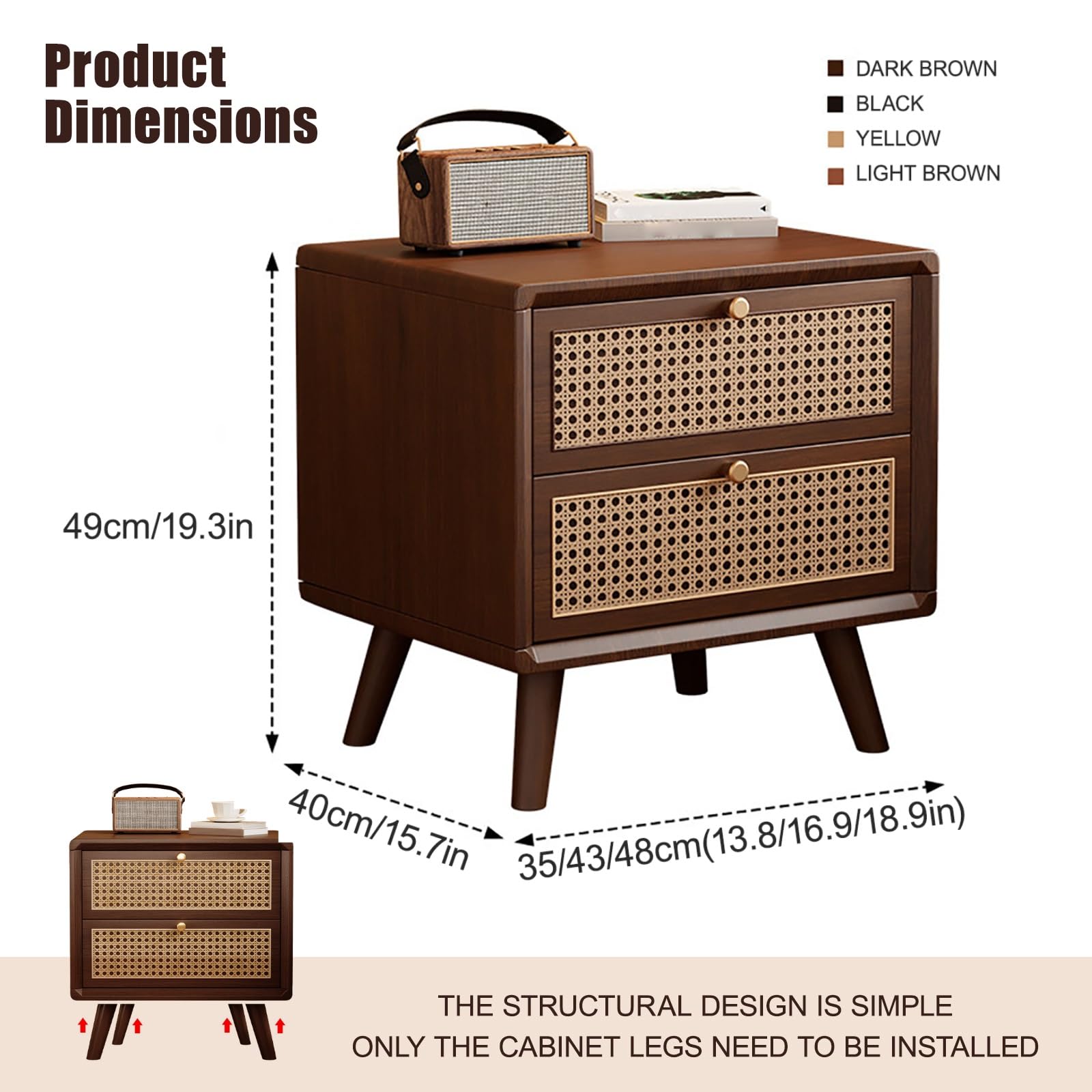 Comodino con 2 Cassetti in Rattan, Tavolino da Notte in Legno Massello, Design Minimalista per Camera da Letto, Mobiletto Moderno(Yellow,43cm/16.9in)