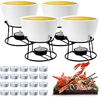 Luvan 4-Pack 14.2oz Ceramic Butter Warmers for Seafood Lobster Crab - Fondue Set with Stands 20 Tealights