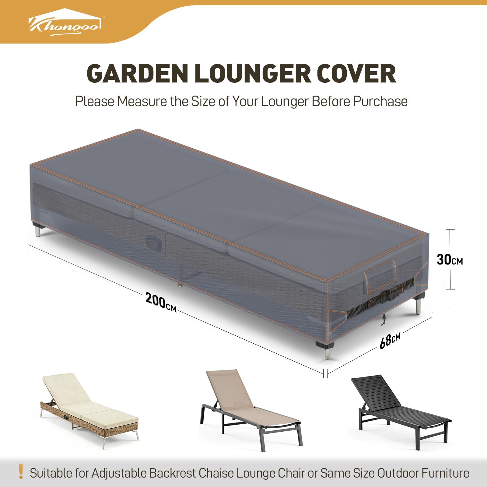 Copertura per lettino da giardino, 200 x 68 x 30 cm, copertura per lettino da giardino, Oxford 420D, protezione dai raggi UV, resistente allo sbiadimento, antistrappo, grigio