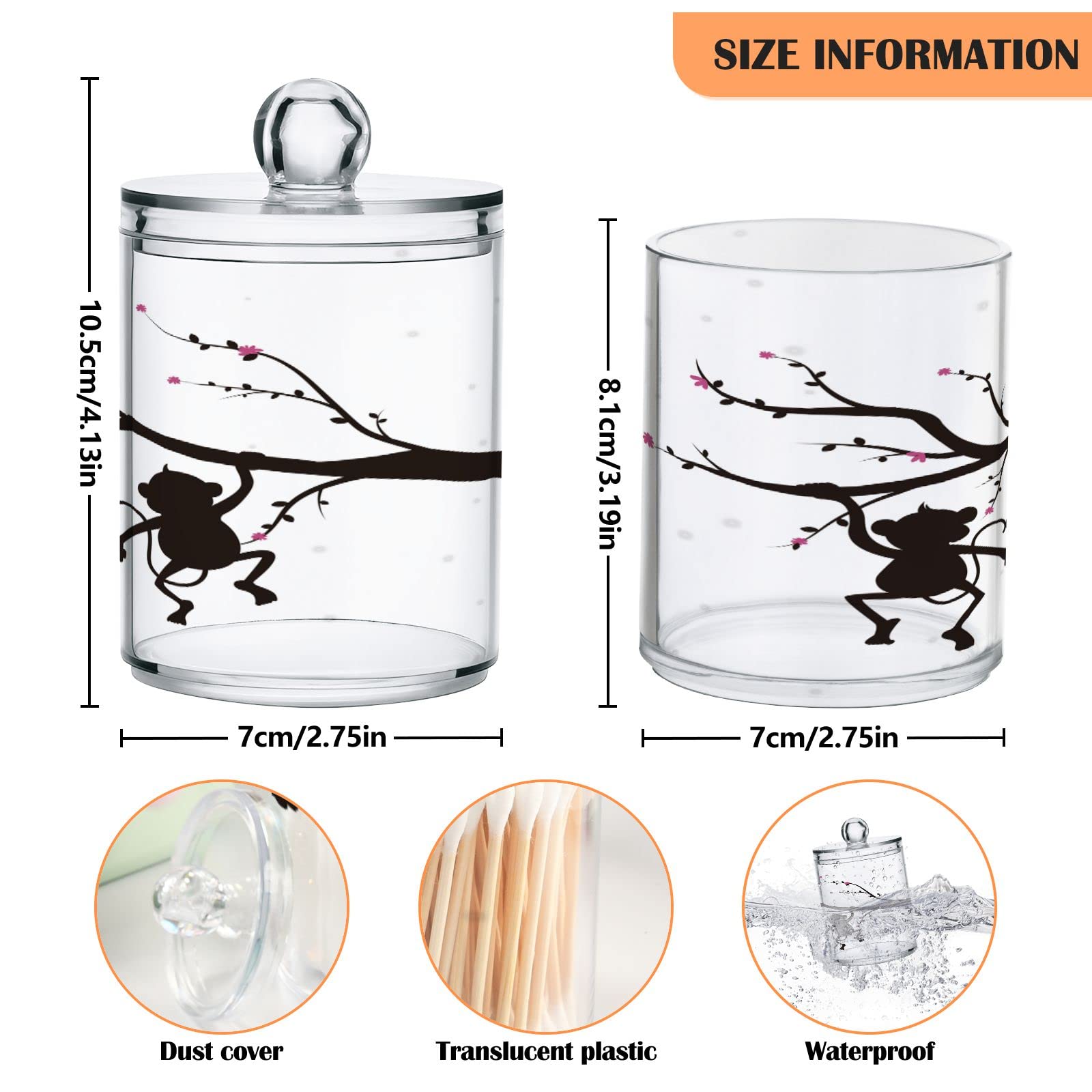 Kigai Silueta de árbol mono Qtip soporte dispensador de hisopo de algodón, tarro de boticario transparente de plástico, tarro de almacenamiento de cocina para decoración del hogar, 2 unidades