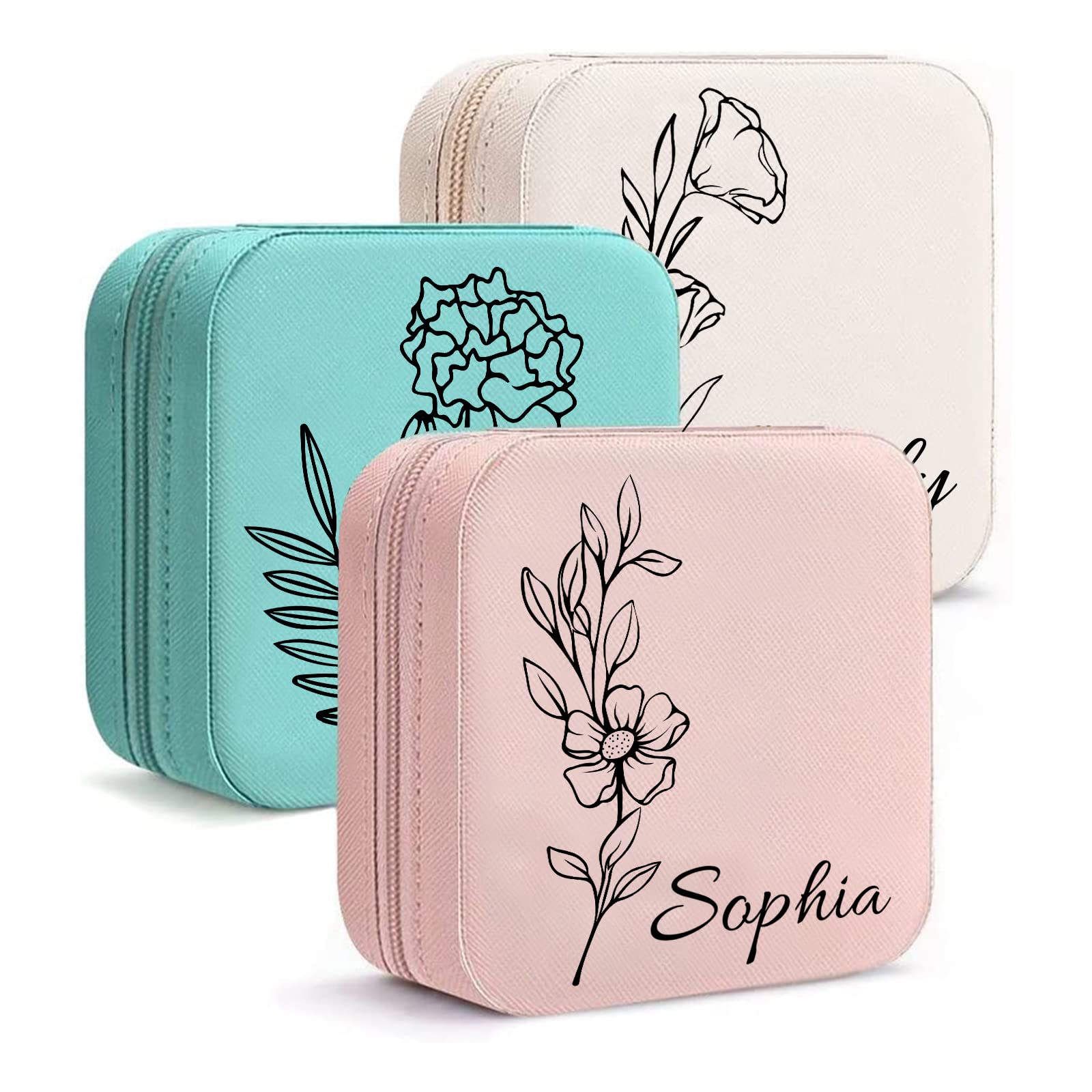 PUREFLY Bridesmaid Proposal Gifts Personalized Jewelry Box Custom Travel Jewelry Case with Name and Birth Flower Jewelry Organizer for Wedding Gifts Mothers Day Gifts Personalized Gifts for Women Girl
