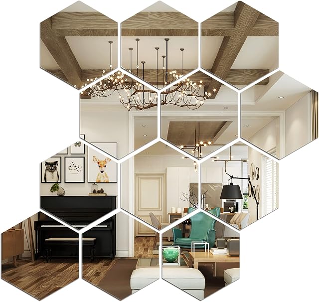 20*17*10 cm 12 Pcs Hexagon Mirror Wall Stickers, Acrylic Plastic Mirror Tiles Art Mirror DIY Mirror Sheet Mirror Setting Wall Sticker Decal Murals for Home Office Bedroom TV Background Gym Decor