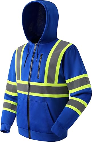 JKSafety Sudadera de seguridad de alta visibilidad para hombres y mujeres, sudadera con capucha y cremallera de alta visibilidad con tiras