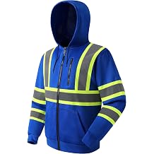 JKSafety Hi-Vis Safety Sweatshirt for men women High Visibility Hooded Sweatshirt Hoodie work utility Reflective Strips HS121-Blue, M
