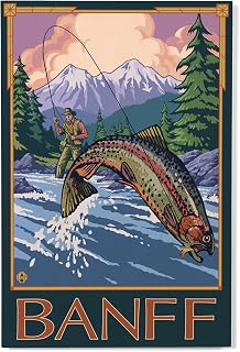 Lantern Press 12x18 Inch Premium Wood Sign, Ready to Hang Wall Decor, Banff, Canada, Angler Fly Fishing Scene (Leaping Trout)