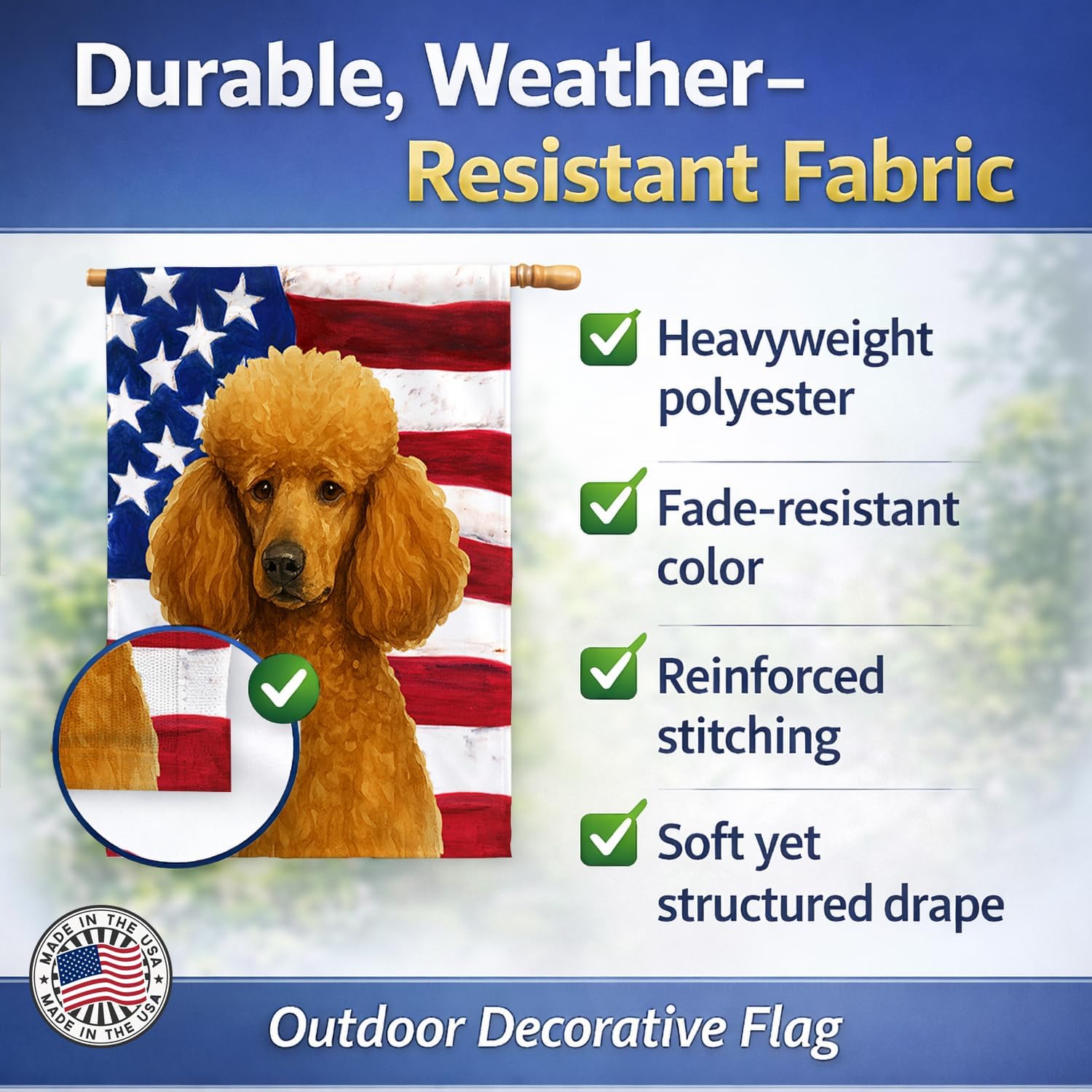 Caroline's Treasures Apricot Standard Poodle American Flag House Flag Large Porch Sleeve Pole Decorative Outside Yard Banner Artwork Wall Hanging, Polyester, House Size, Multicolor