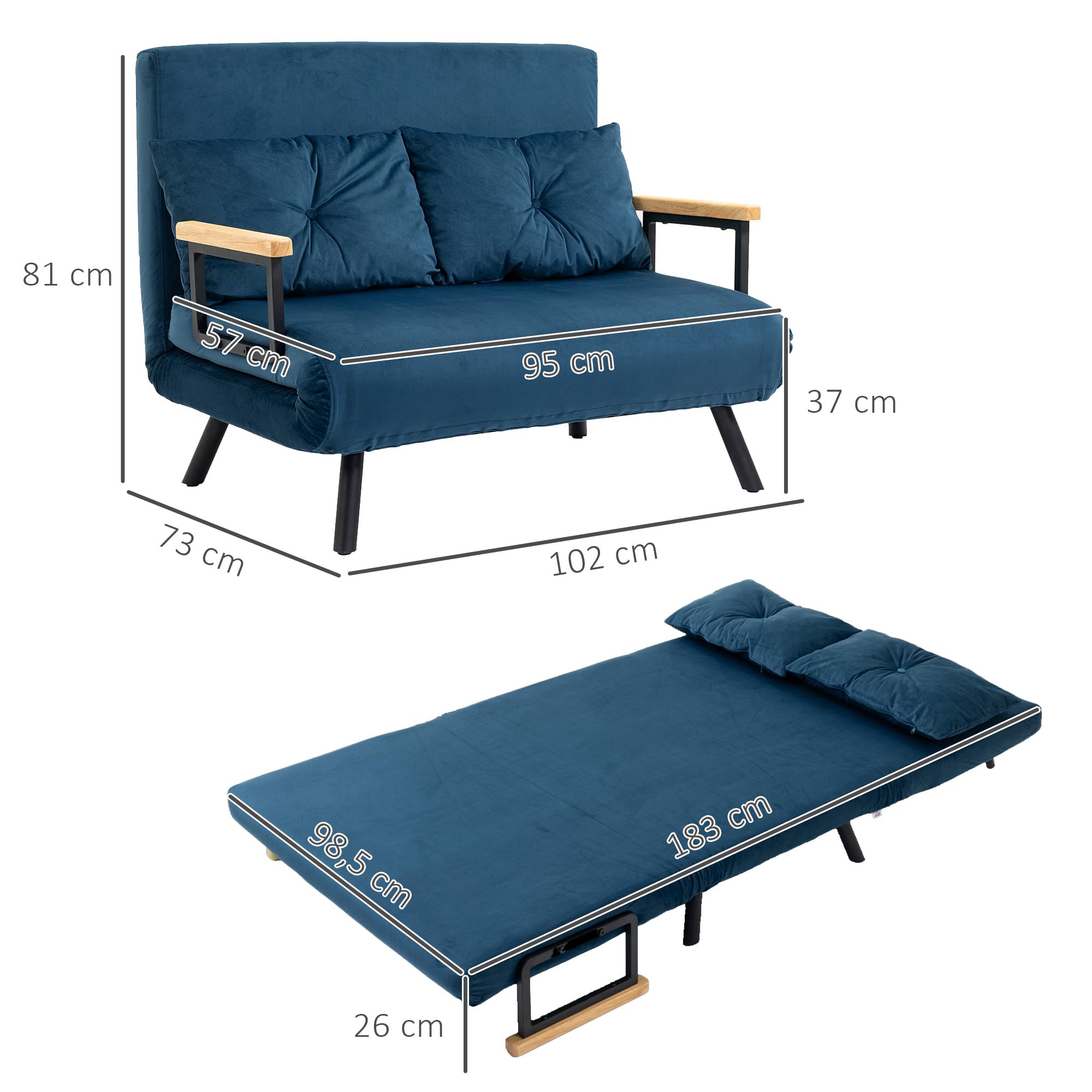HOMCOM Canapé Convertible 2 Places 4 en 1, canapé-lit avec Dossier réglable sur 5 Niveaux, 2 Coussins et siège rembourré, Tissu Effet Velours, pour Salon, Chambre d'amis, Petit Espace, Bleu