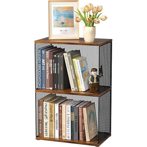 Small Bookshelf 2 Tiers Bookshelf for Small Spaces DIY Variable Stackable Cube Storage Organizer for Kid Bedroom,Living Room, Black Brown Wooden,2 Tiers Non-Detachable