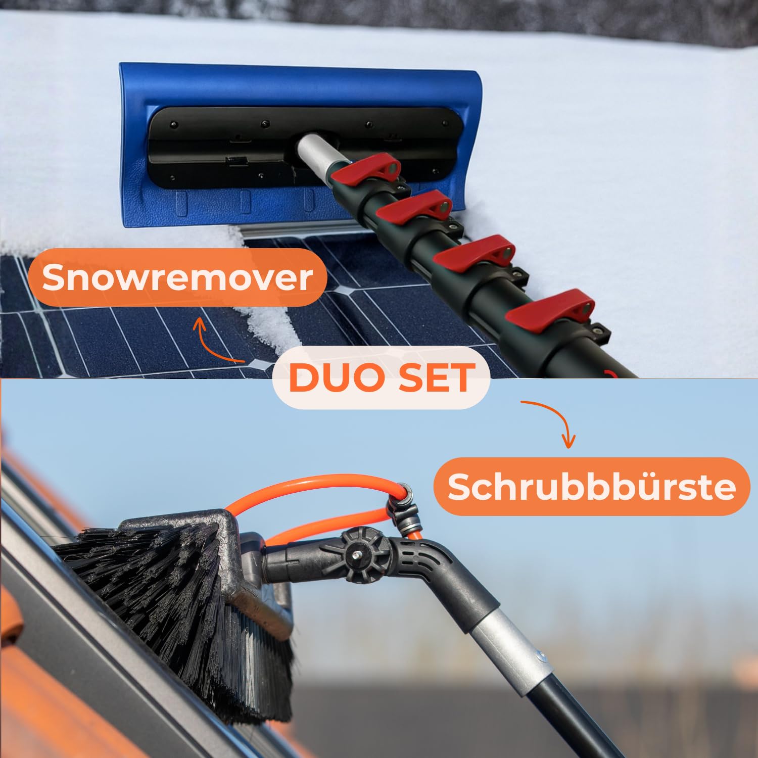 Aquascopic Aluminium Teleskopstange 8 m mit Schneeräumer & 5-Flächenbürste – Profi Set für sichere Schnee- & Schmutzentfernung auf Solaranlagen, Fenstern, Fassaden & Dächern