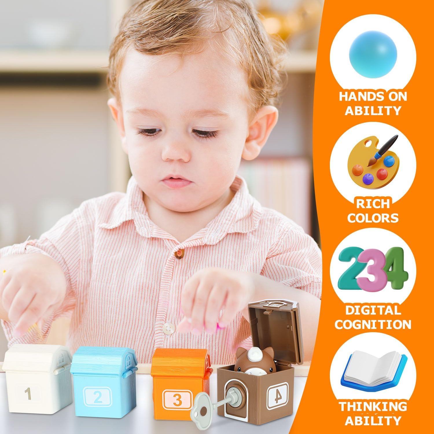 Toddler Learning Toys for 2 3 4+ Year Olds, Counting, Matching & Sorting Montessori Set with Farm Animals, Playmat, Finger Puppets, Shape Keys and House, Easter Christmas Birthday Gift for Boys Girls