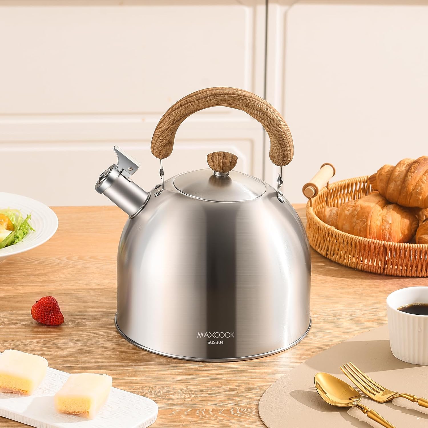 18/8 Stainless Steel Tea Kettle for Stovetop (4L / 4.23 Quart Whistling Tea Pot, Wood Handle)-Silver