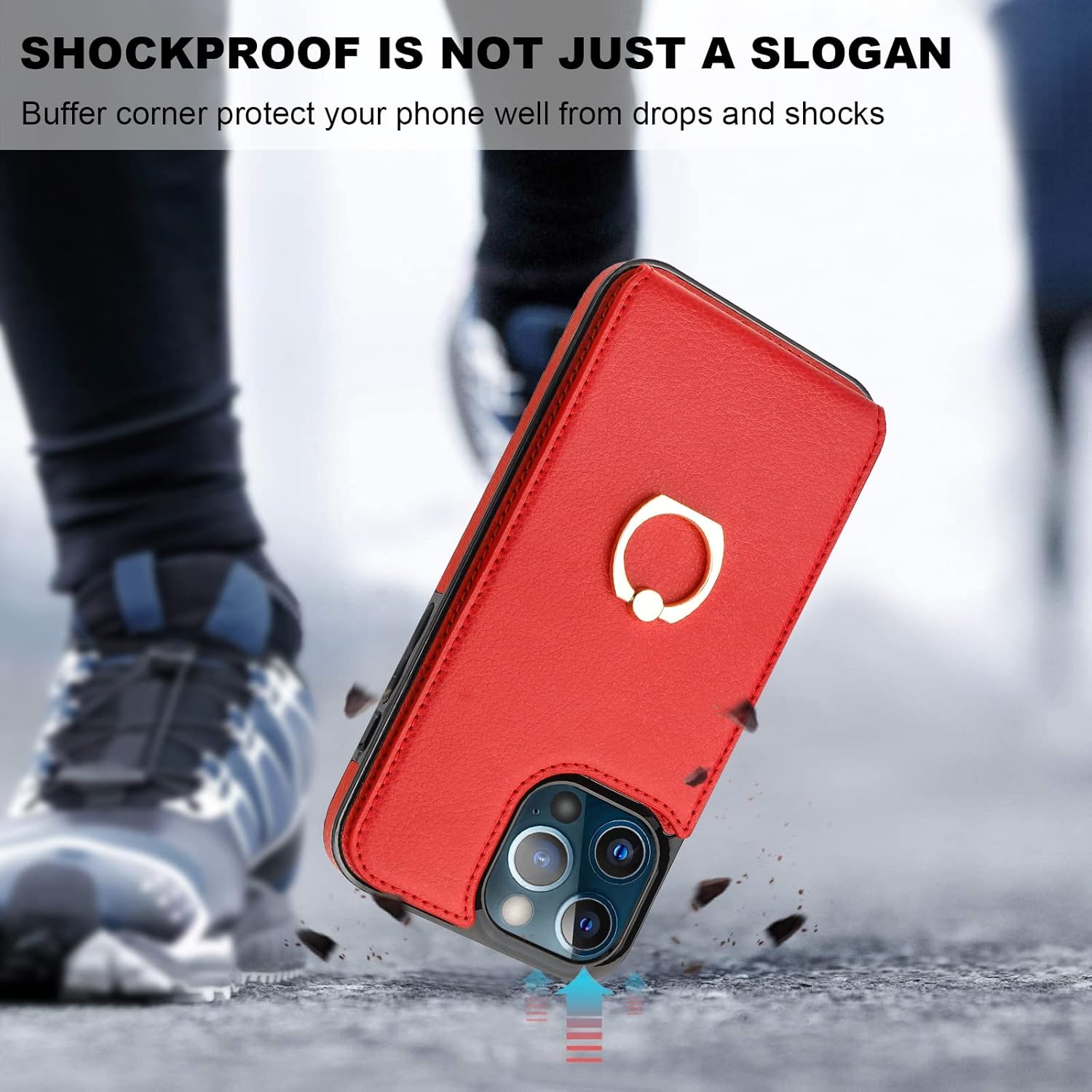 Folosu Compatible with iPhone 13 Pro Max Case Wallet with Card Holder, 360°Rotation Finger Ring Holder Kickstand Protective RFID Blocking PU Leather Double Buttons Flip Shockproof Cover 6.7 Inch Red