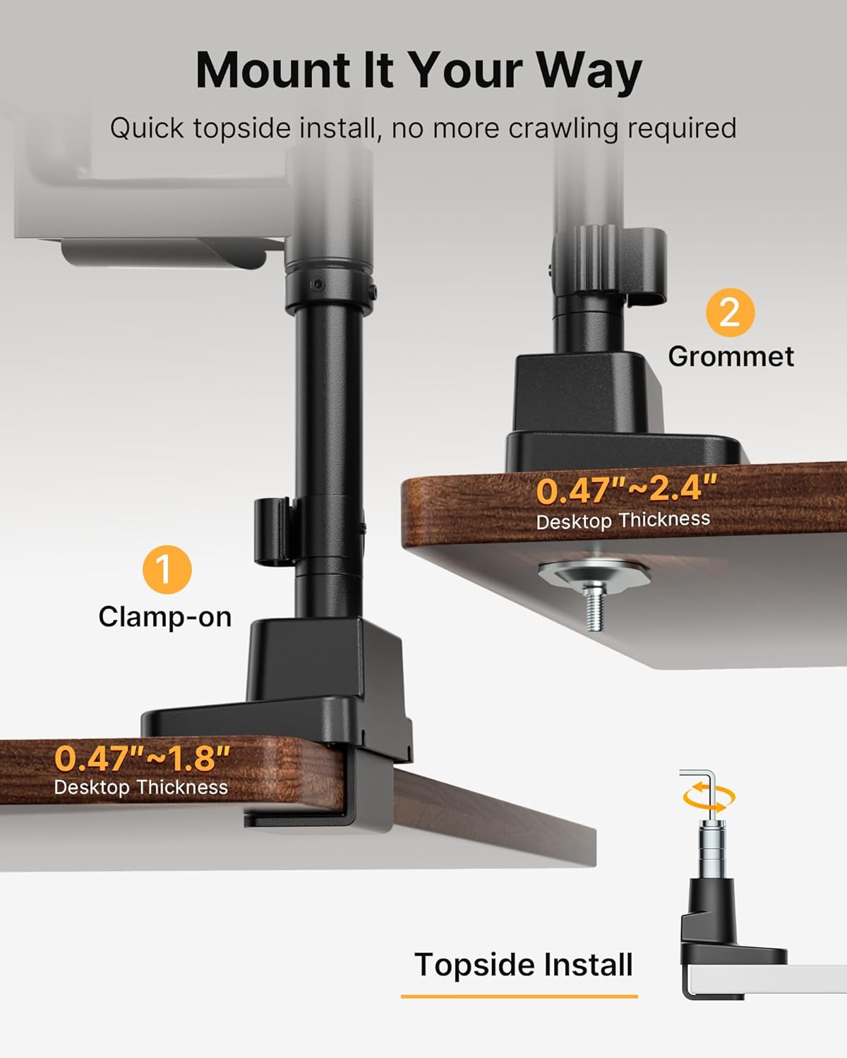 monTEK Sleek Aluminum Monitor Arm for 17–57” Ultrawide Screens up to 59.4 lbs, USB 3.0 A/C, Heavy Duty Dual Monitor Arm Desk Mount, Pneumatic Lift, Quick-Release Plate, Clamp/Grommet, Max VESA 100x100 - Image 7