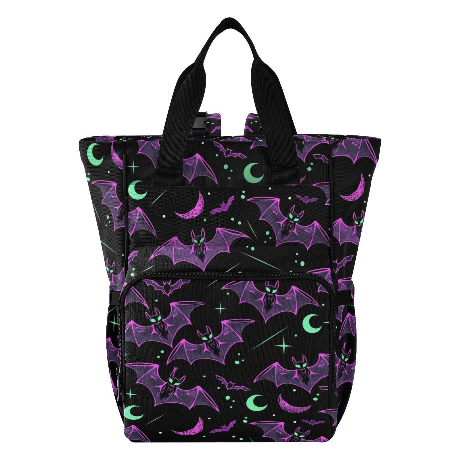 ALAZA Baby Changing Bags, Neon Purple and Bats Stars and Moons Nappy Diaper Bag Backpack Multifunctional Travel Diaper Tote Large Capacity Waterproof Mum Dad Backpack