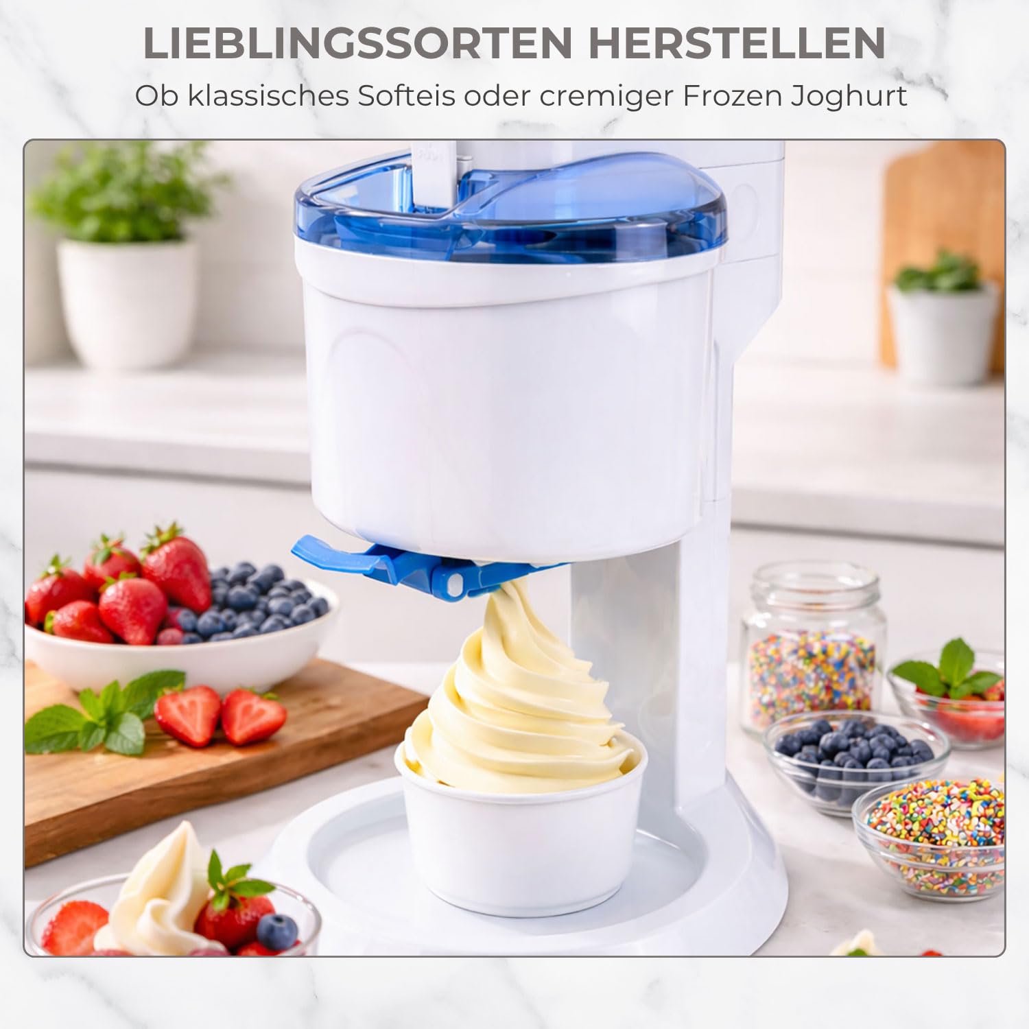 Gino Gelati Softeismaschine | Eismaschine für Zuhause | 1L Kapzität | schnelle Zubereitung ca. 20 Min | einfache Bedienung | ohne Kompressor | Blau/Weiß