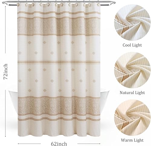 Miniatura 6 de Cortina de ducha de tela, impermeable para baño con rayas beige tostadas, 62 pulgadas de ancho x 72 pulgadas de alto