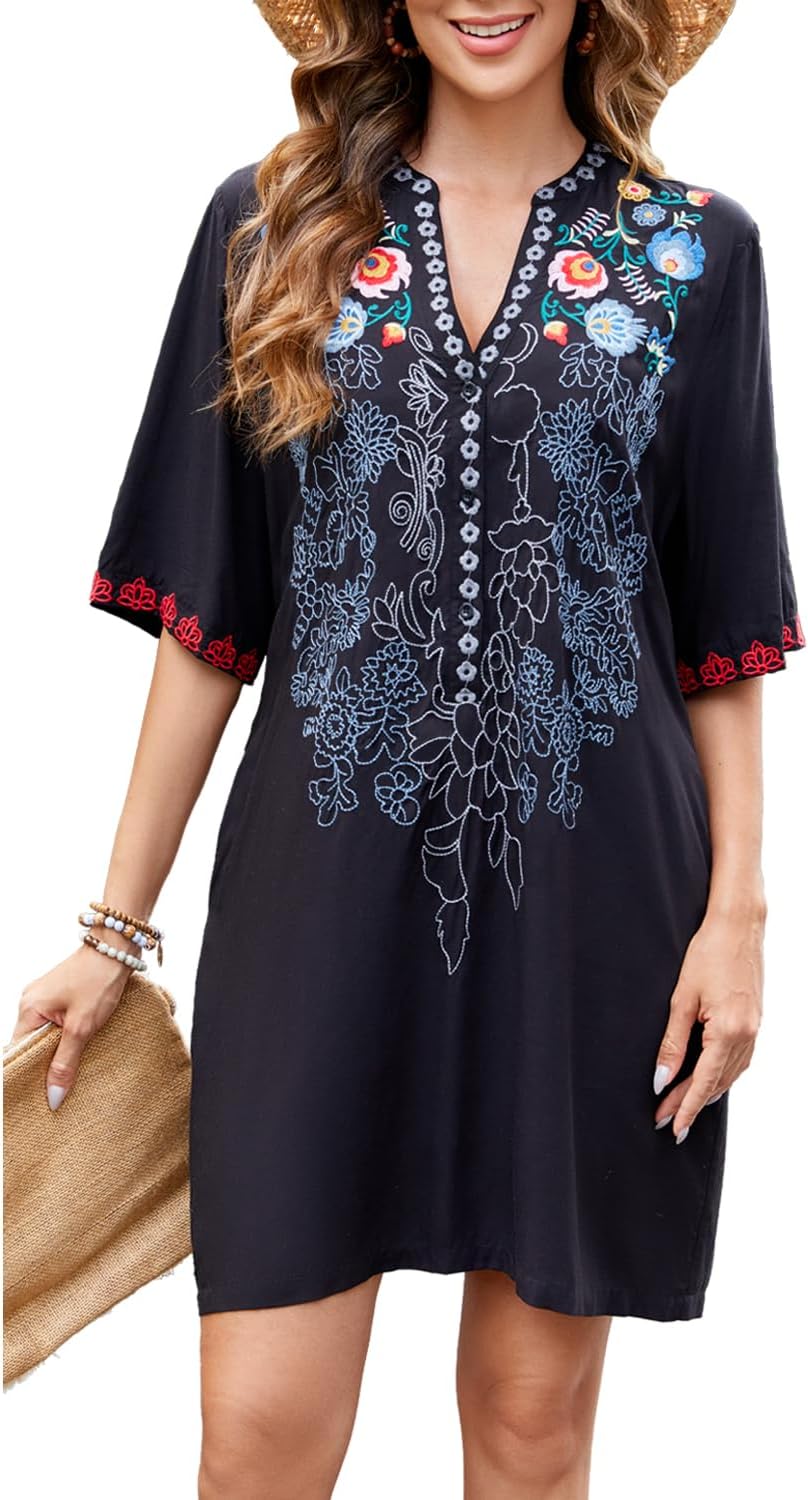 Women's Embroidered Mexican Peasant Dresses Short Sleeve, Plus Size Boho Dress Fiesta Traditional Floral Tunic