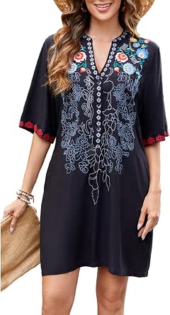 Grosy Women's Boho Embroidered Maxi Dress - Long Sleeve Floral Mexican Peasant Dress, Rayon