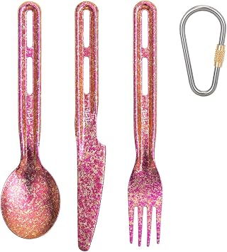 TiTo Titanium 3 Piece Cutlery Set, Ultralight Portabale Titanium Fork Spoon & Knife Tableware for Outdoor Camping Hiking Backpacking Travel Picnic Flatware with Titanium Carabiner Rose Pink