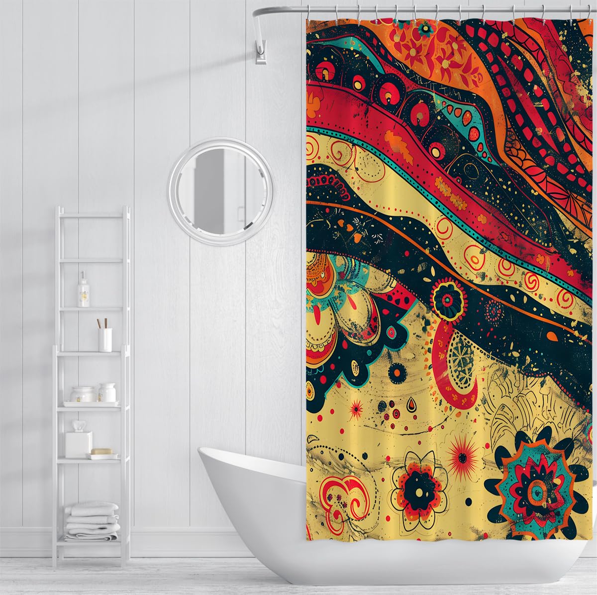 Żywy Retro Bohemian Odporny na pleśń Zasłony Łazienkowe W180xL200cm Wodoodporna Tkanina Poliestrowa Z Wielokolorowy Wzór Paisley Zmywalny Do Wanien W Mokrych Pomieszczeniach