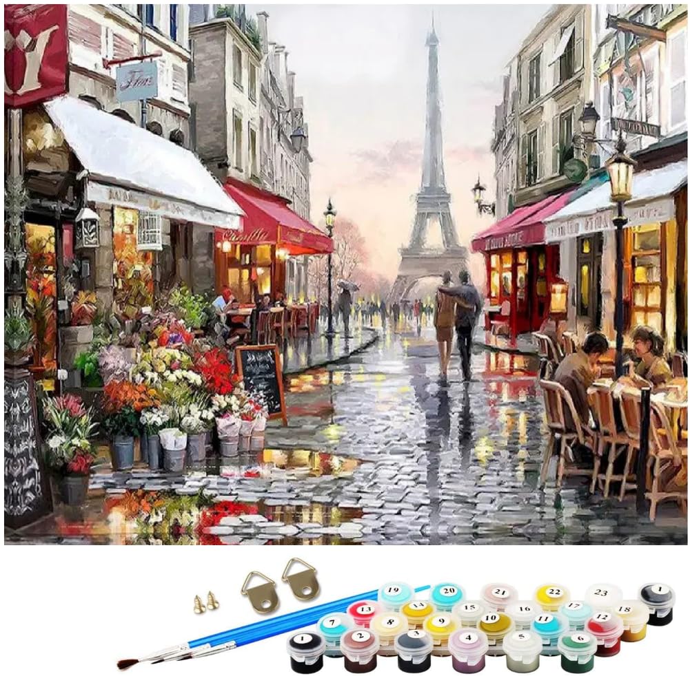 NNALEGS Pintar Por Numeros Adultos Con Marco Paisaje Paris 40X50Cm Cuadros Para Pintar Por Numeros Con Lienzo, Diy Cuadro Al Óleo Pintura Por Numeros Acrilico,Con 3 Pennelli,A18