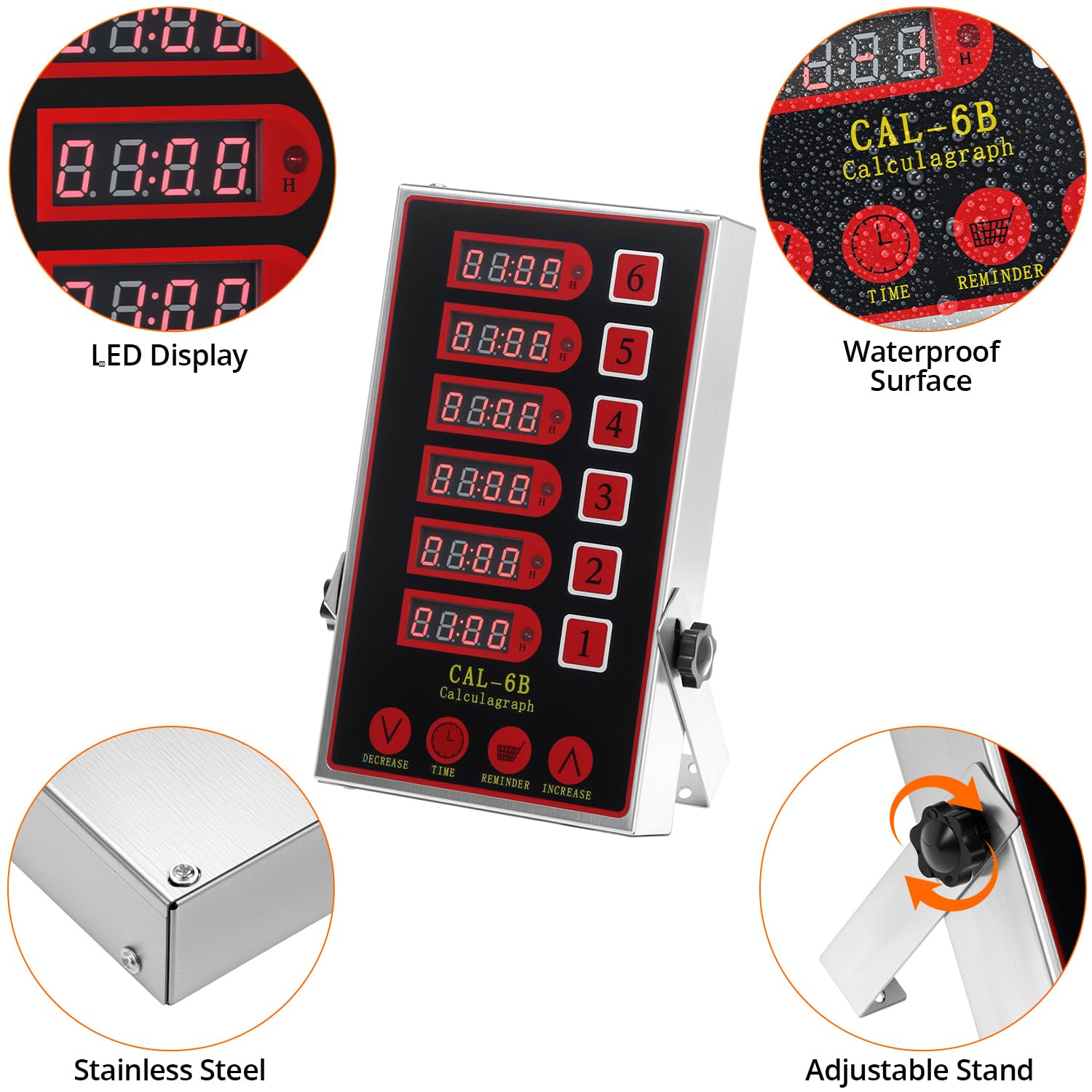 QWORK Temporizador de cocina, temporizador culinario comercial de acero inoxidable de 6 canales con alarma ultra fuerte