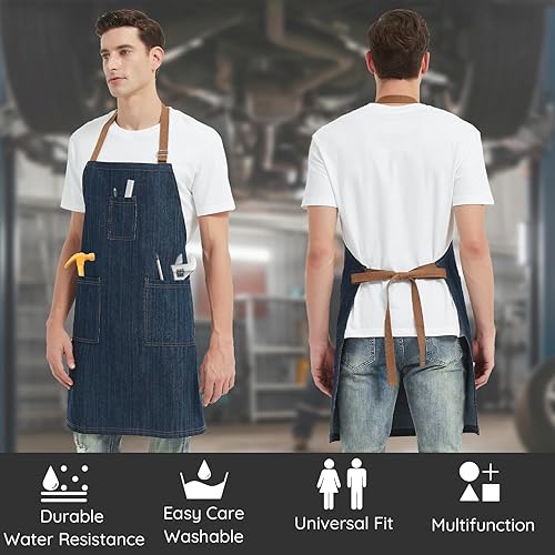 Miniatura 2 de Delantal de mezclilla de algodón para hombres y mujeres, delantal de chef profesional con bolsillos grandes para cocina, jardinería, barbacoa,