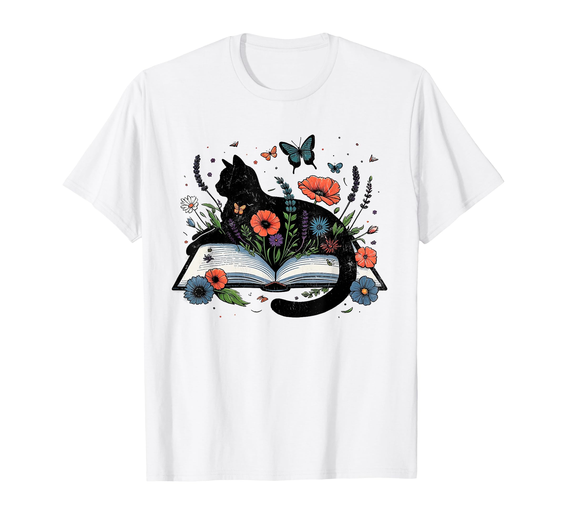 Retro Cute Cat Floral Book Librarian Vintage Floral Cat Book T-Shirt