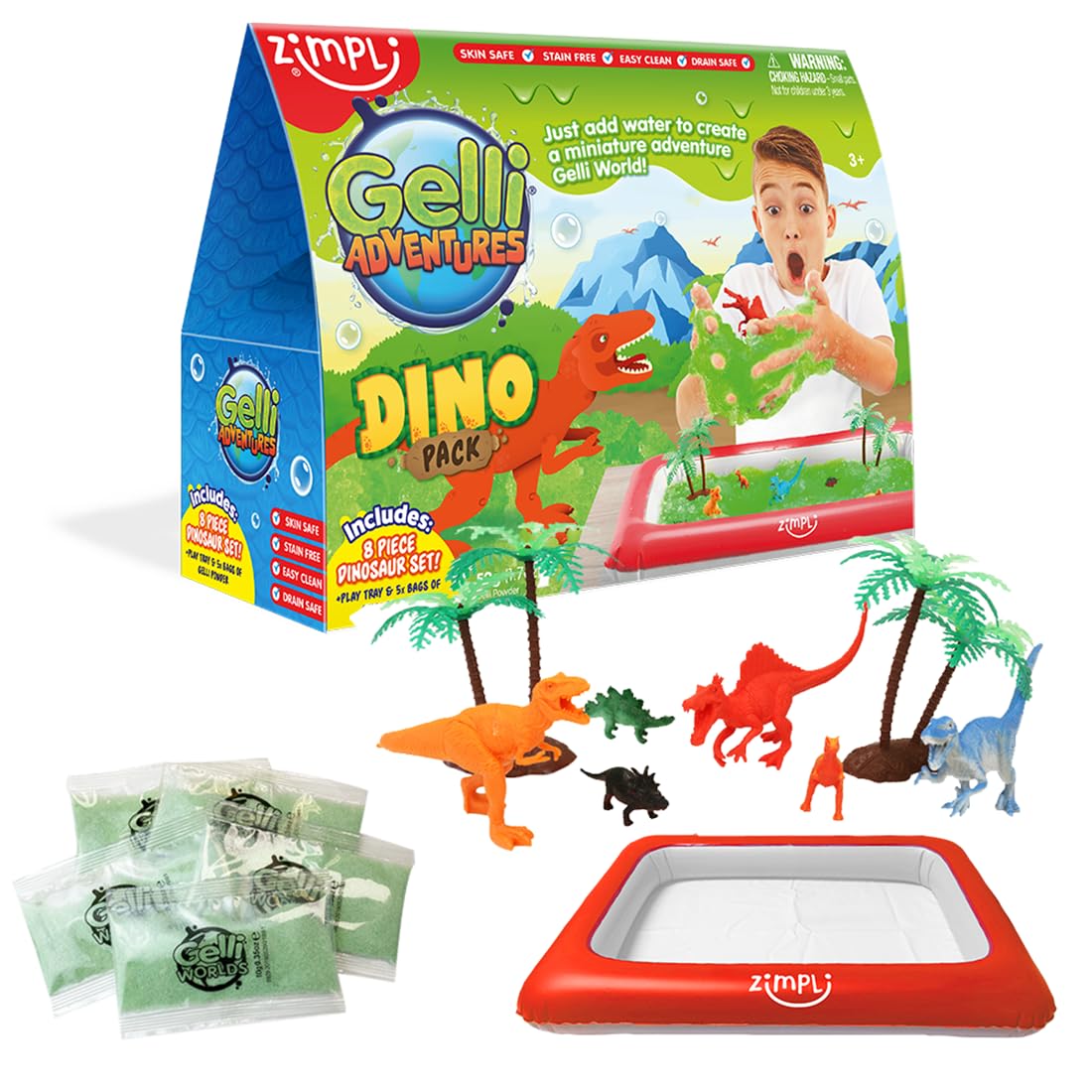 Zimpli Kids Gelli Adventures Dino Pack, 5 Use, 8 x Dinosaur Figures, Inflatable Tray, Imaginative Prehistoric Dinosaur Playset, Educational Science Kit for Boys and Girls, Children's Role Play Toy
