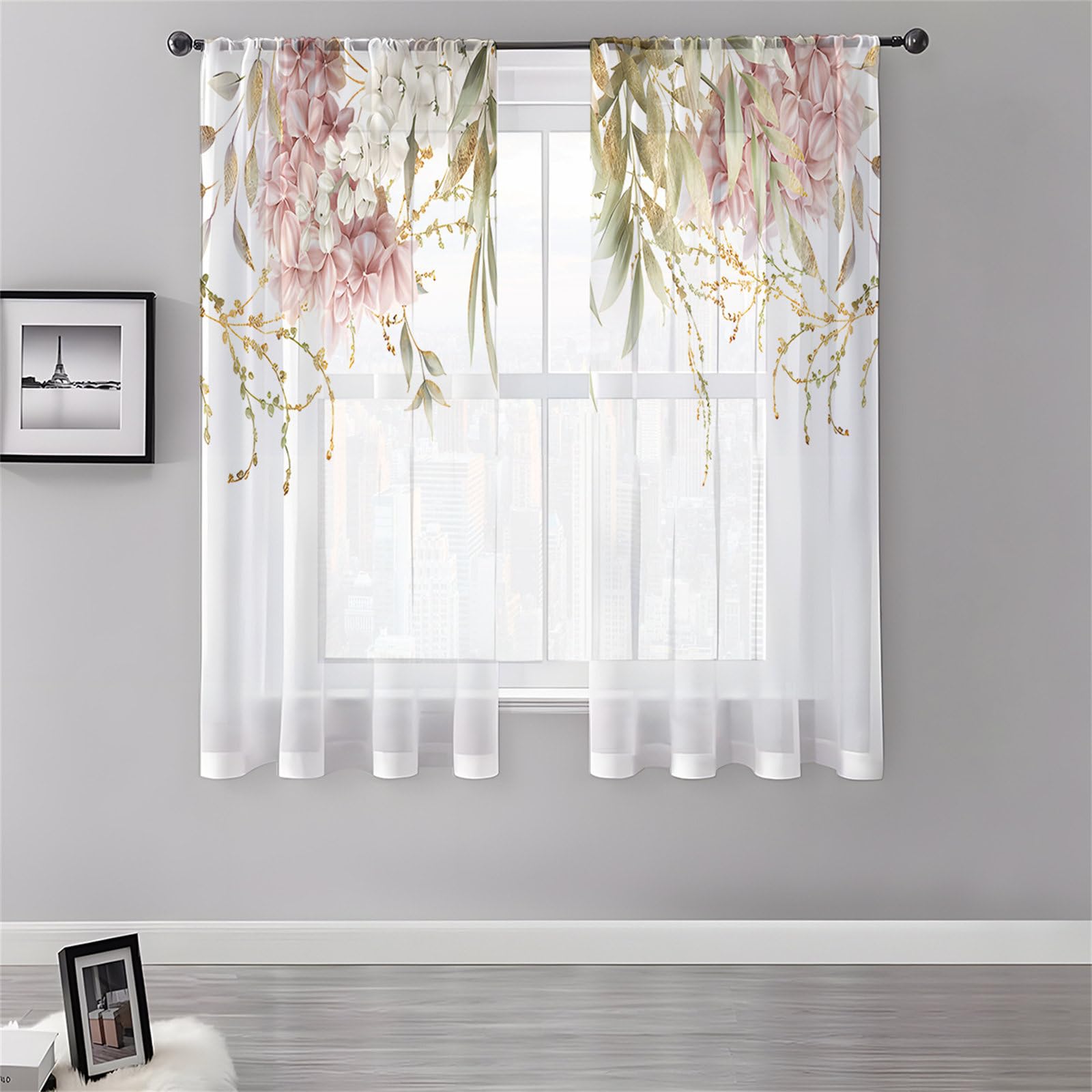 Surwin Net Curtains for Windows, Voile Curtain, 2 Panels Floral Plant Prints with Eyelets, Semi Transparent Lightweight Voile Panel for Living Room Bedroom Balcony Decorative (Roses,130x241cm)